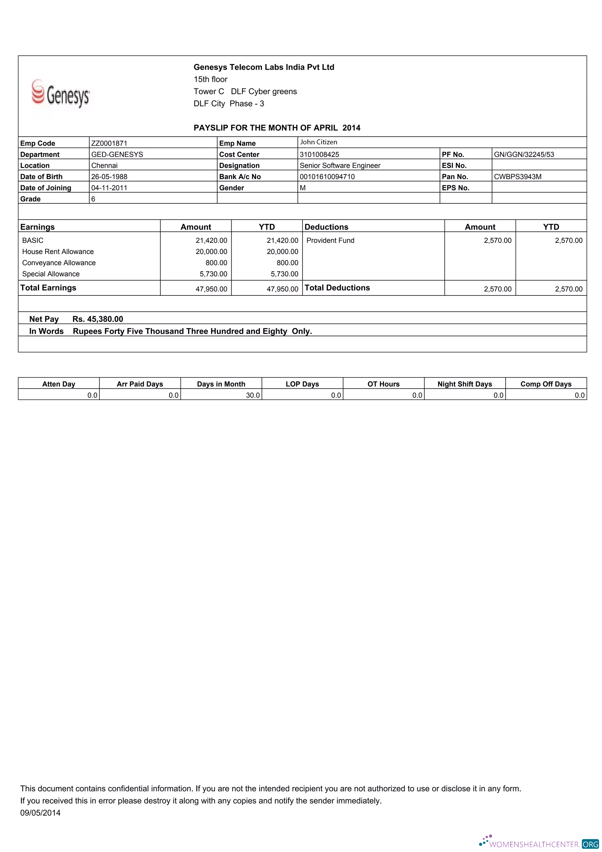 Download INDIA GENESYS Telecom Labs India Pvt Ltd payslip in Word and PDF formats Photoshop template